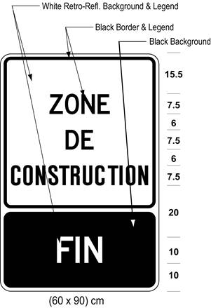 Illustration of sign with text ZONE DE CONSTRUCTION above tab sign with white text FIN on black background.