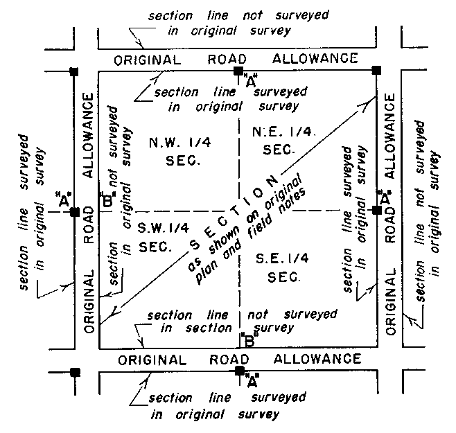 Sketch of Method 161 in a sectional township with road allowances per Section 45, clause b.