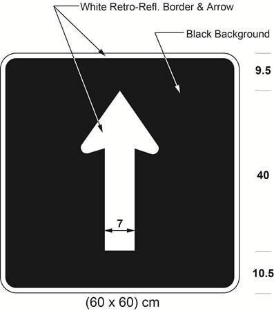 Illustration of sign with white arrow proceeding straight on black background. 