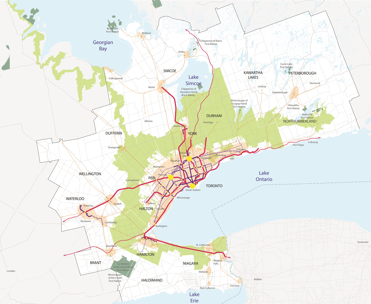 Carte de la région élargie du Golden Horseshoe illustrant l’infrastructure et les services de transport en commun existants, prévus et conceptuels