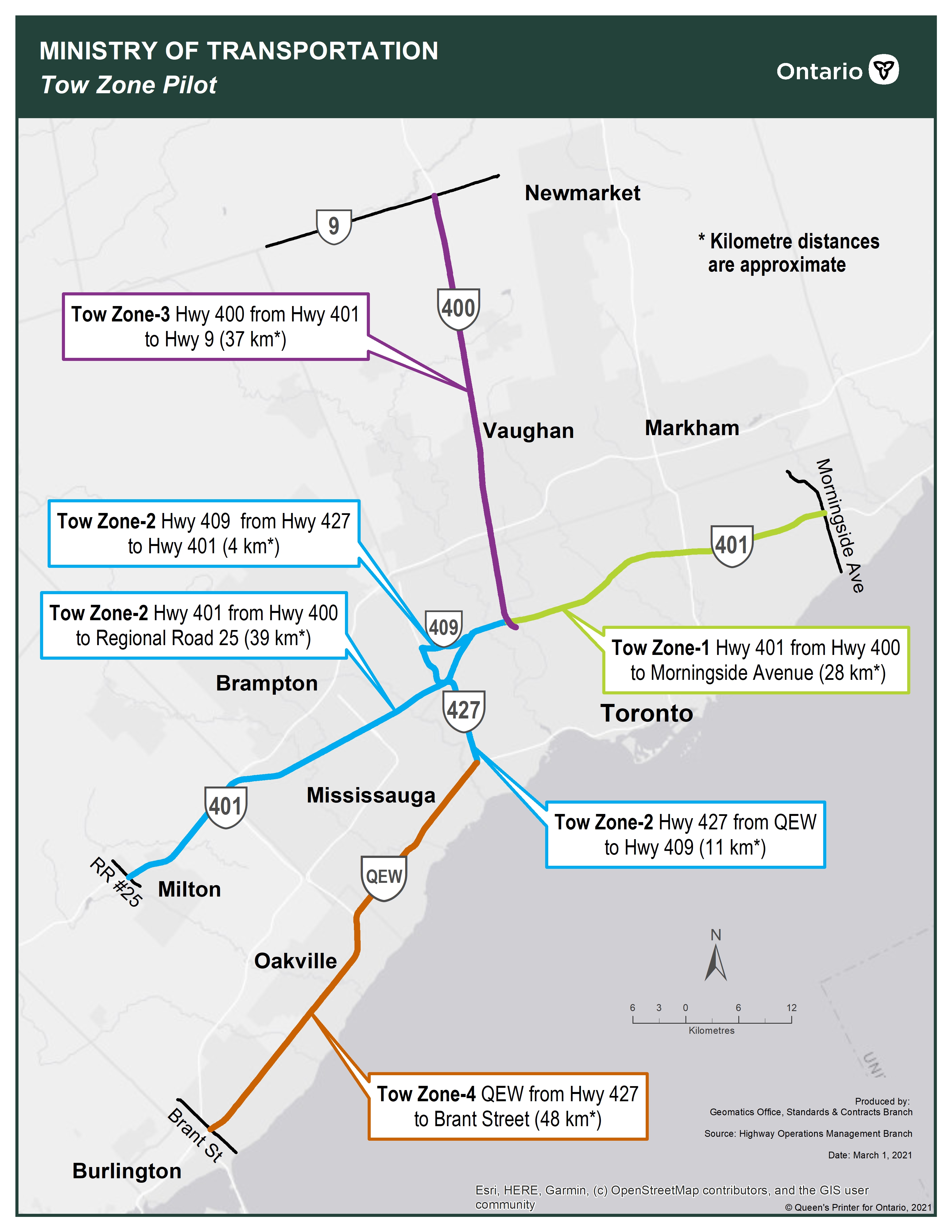 A map of the tow zone locations in the Greater Toronto Area.