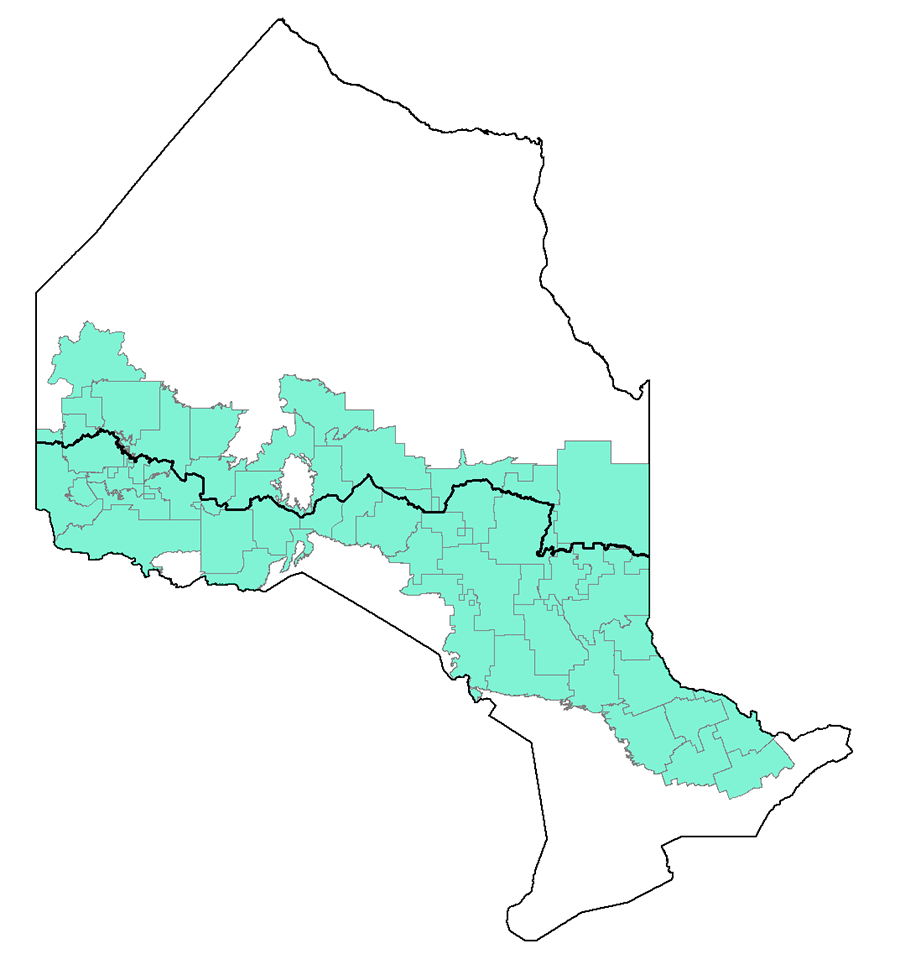 Map showing the management units within the province of Ontario with a line running east to west which represents the southern limit of caribou distribution