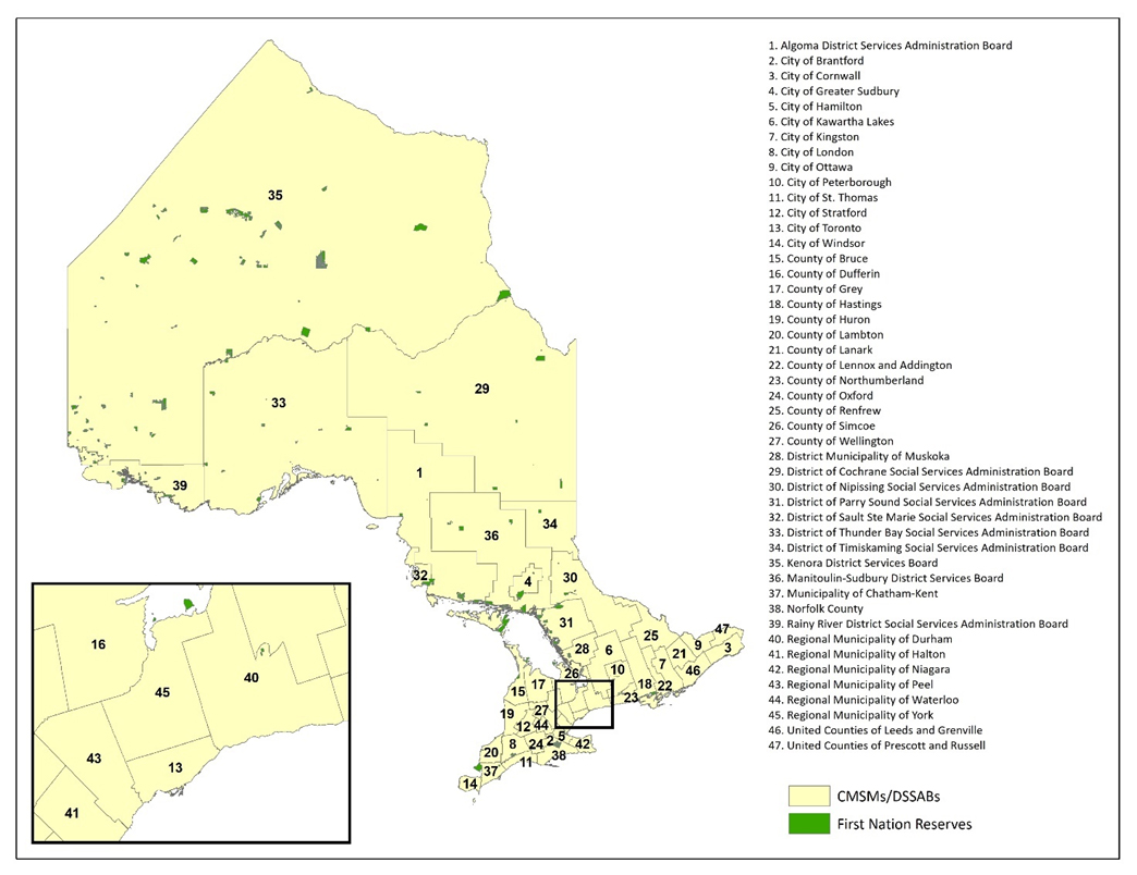 Map of Ontario showing the locations of Consolidated Municipal Service Managers and District Social Services Administration Boards