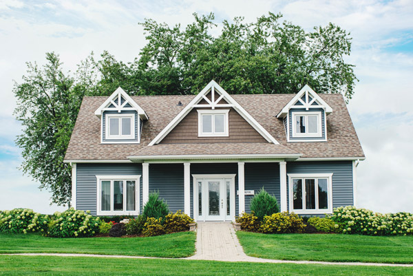 Exterior of a blue suburban modular house