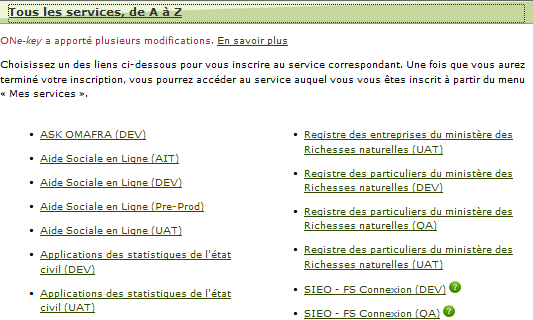 La page Tous les services, de A à Z