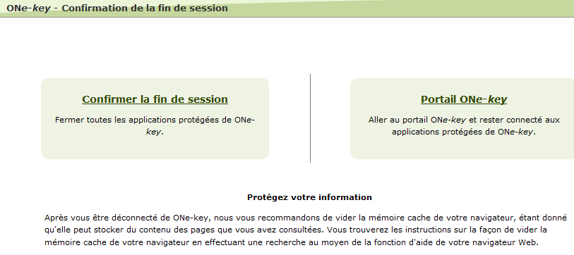 La page Confirmation de la fin de session