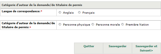 La page Catégorie d'auteur de la demande/de titulaire de permis