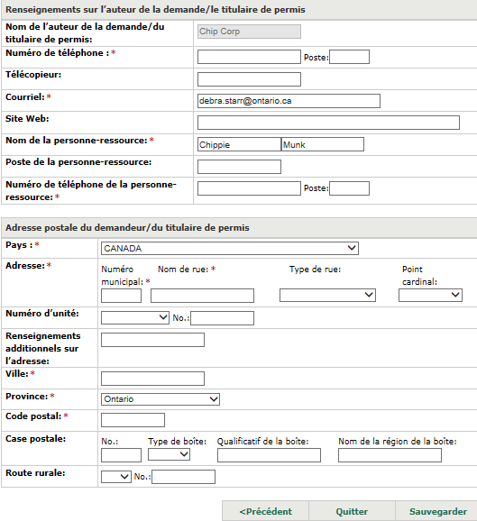 La page Renseignements sur l'auteur de la demande/le titulaire de permis