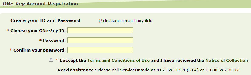 Image of the One-key Account Registration webpage with fillable textboxes to choose a One-key ID password. The webpage also confirms terms and conditions of use and notice of collection with a telephone number for assistance: 416-326-1234 (GTA) or 1-800-267-8097.