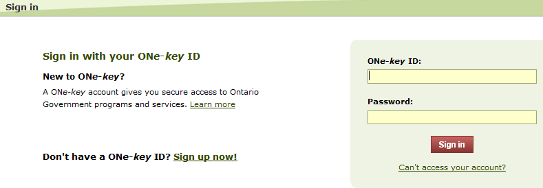 Image of the Sign in window with fillable textboxes to enter a ONe-key ID and password on the right. The webpage also has links for information on ONe-key or to sign up for a One-key ID on the left.