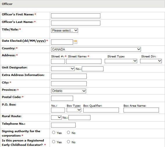 Image of the Officer window with fillable textboxes and checkboxes for the Officer’s information. 