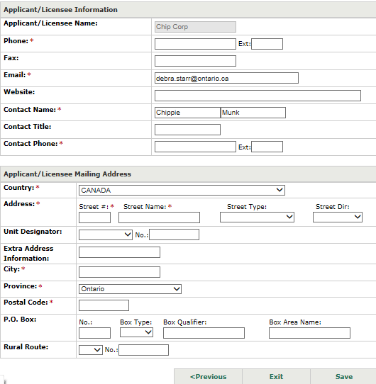 Image of the Applicant/Licensee Information Window with fillable textboxes for the applicant/licensees information and mailing address. At the bottom there is a button to go to ‘previous’, ‘exit’, or ‘save’.