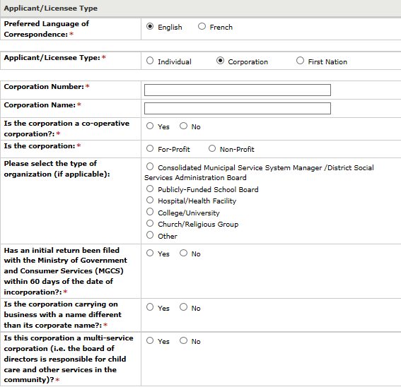 Image of the Applicant/Licensee Type window with fillable textboxes and checkboxes for corporation profile information. There are also tables to fill in information about the director and officer. Below the tables there is a note about completing and submitting an Initial Return to the Ministry of Government and Consumer services within 60 days. At the bottom there are buttons to ‘exit’, ‘save’ or ‘save and next’