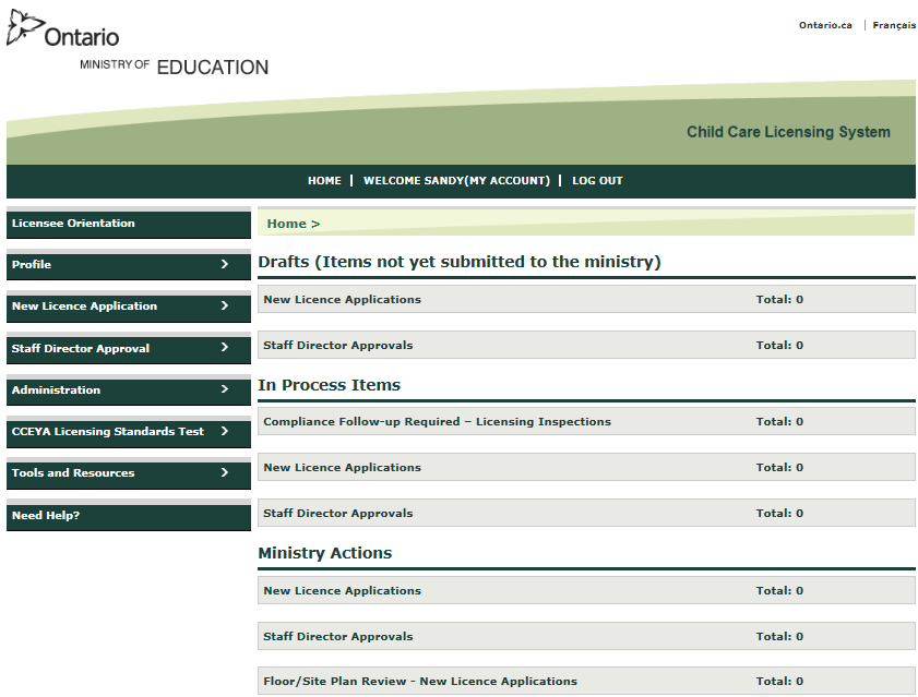 Image of the Child Care Licensing System window which includes sections titled ‘Drafts (Items not yet submitted to the ministry)’, ‘In process Items’, and ‘Ministry Actions’. Each section has sub headings such as ‘New Licence Applications’ and ‘Staff Director Approvals’. There are tabs on the left for ‘Licensee Orientation’, ‘Profile’, ‘New Licence Application’, ‘Staff Director Approval’, ‘Administration’, ‘CCEYA Licensing Standards Test’, ‘Tools and Resources’, and ‘Need Help?’