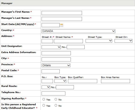 Image of the Manager window with fillable textboxes and checkboxes to add information about the Manager such as name, start date, address, telephone number and whether the manager has signing authority and is a Registered Early Childhood Educator.