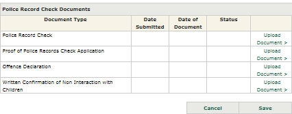 Image of the Police Record Check Documents Table. The column on the left has a list of document types, middle columns include information about dates and status and the column on the right has a link to upload the document. At the bottom there is a button to ‘cancel’ or ‘save’.