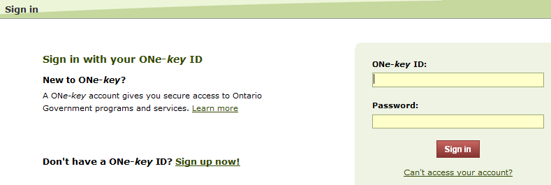 Image of the Sign in window with fillable textboxes to enter a ONe-key ID and password on the right. The webpage also has links for information on ONe-key or to sign up for a One-key ID on the left.