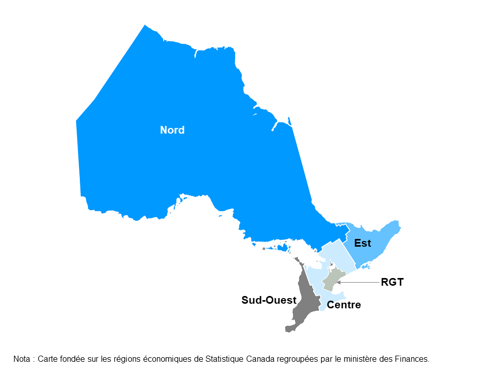 Cette carte montre les cinq régions de l’Ontario : le Nord, l’Est, le Sud-Ouest, le Centre et la région du grand Toronto. Elle est fondée sur les régions économiques de Statistique Canada regroupées par le ministère des Finances. 