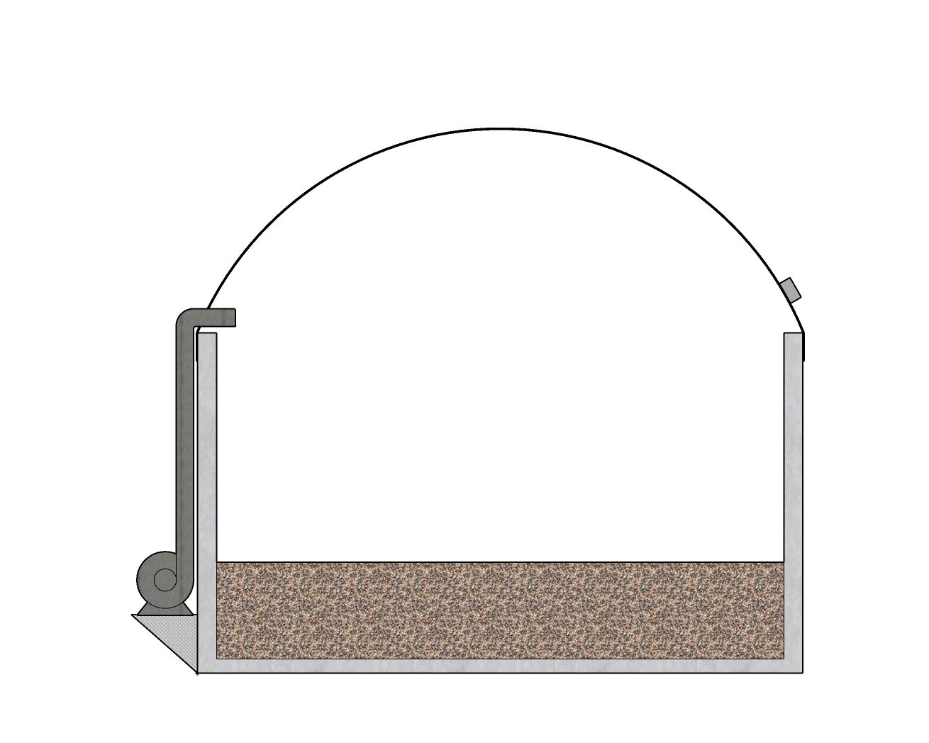 Dessin de la coupe transversale d’un réservoir circulaire de stockage de fumier en béton avec une couverture imperméable et un ventilateur soufflant de l’air pour maintenir une pression d’air positive sous la couverture