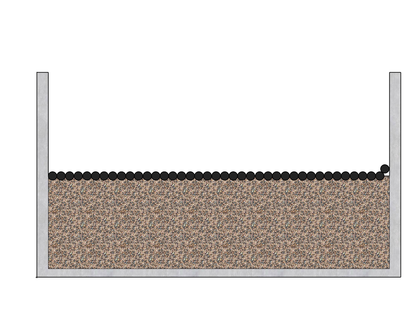 Croquis d’un réservoir de stockage de fumier en béton avec des balles noires en plastique de 10 cm flottant à la surface