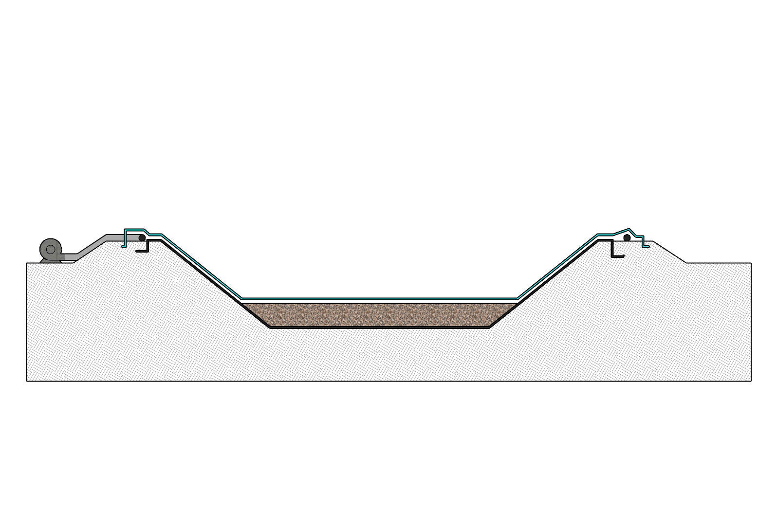 Croquis d’une structure de stockage de fumier en terre avec une couverture souple (bâche) qui est tirée vers le bas à l’aide d’un ventilateur aspirant l’air sous la couverture