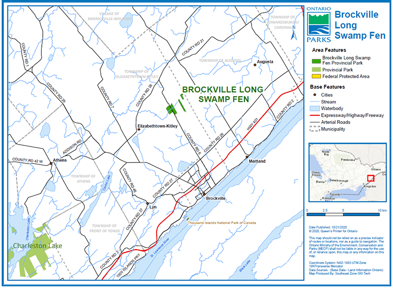 Regional setting. A map showing the location of Brockville Long Swamp Fen Provincial Park in the broader region. The park intersects with County Road 6. Highway 401 is to the south. 
