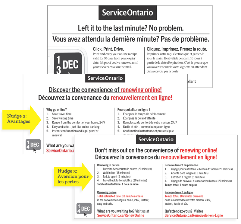 Images de l’intérieur de trois avis de renouvellement de vignette d’immatriculation. L’un d’entre eux est l’avis habituel et les autres portent un message axé sur les avantages ou sur l’aversion pour les pertes.