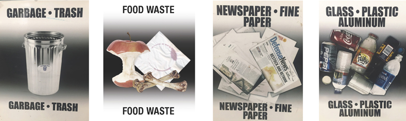 Image de l’étiquette habituelle pour les déchets. Image de l’étiquette habituelle pour les déchets alimentaires. Image de l’étiquette habituelle pour les journaux. Image de l’étiquette habituelle pour le verre et le plastique.