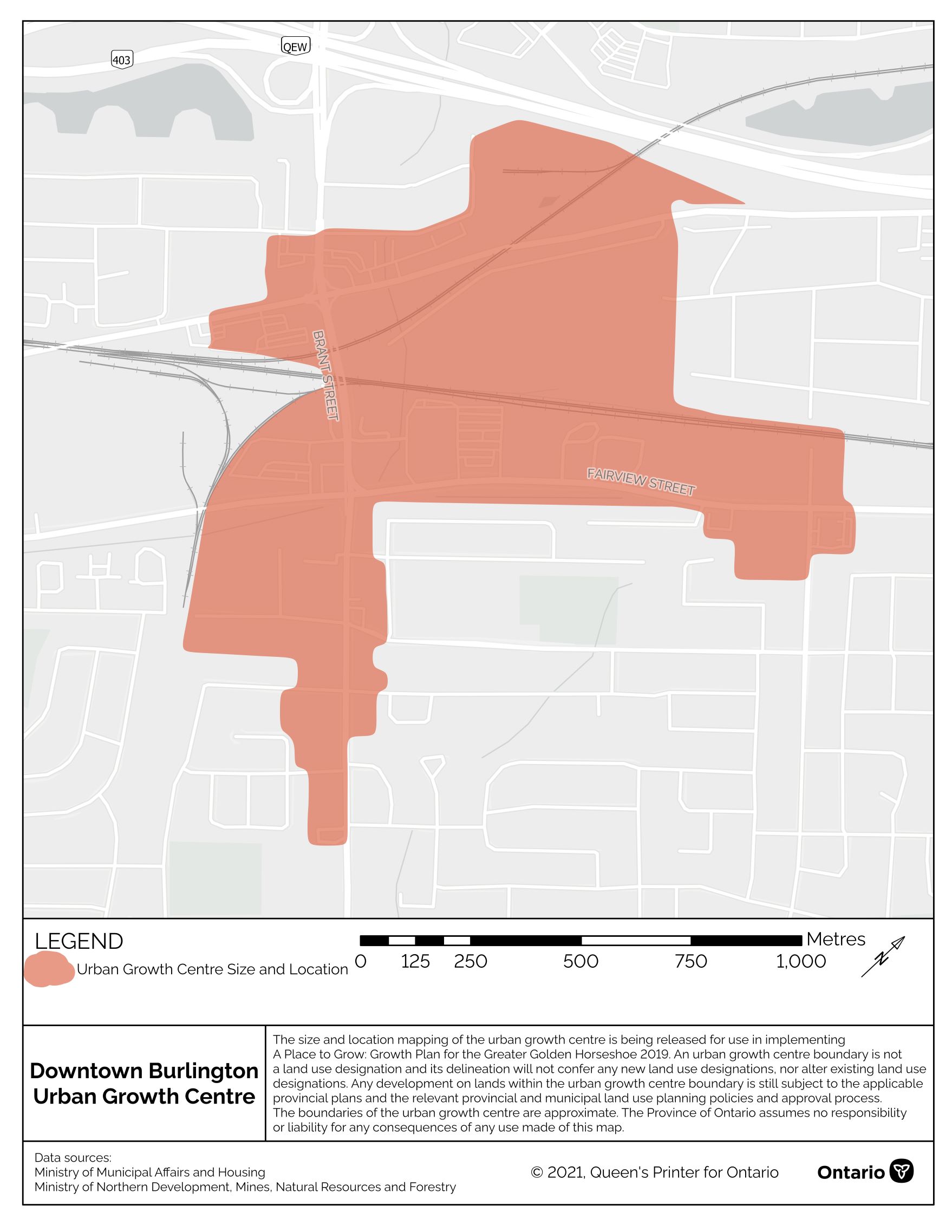 Figure 2. Map. The approximate size and location of the Downtown Burlington urban growth centre in the vicinity of Brant Street, Fairview Street and Plains Road East.