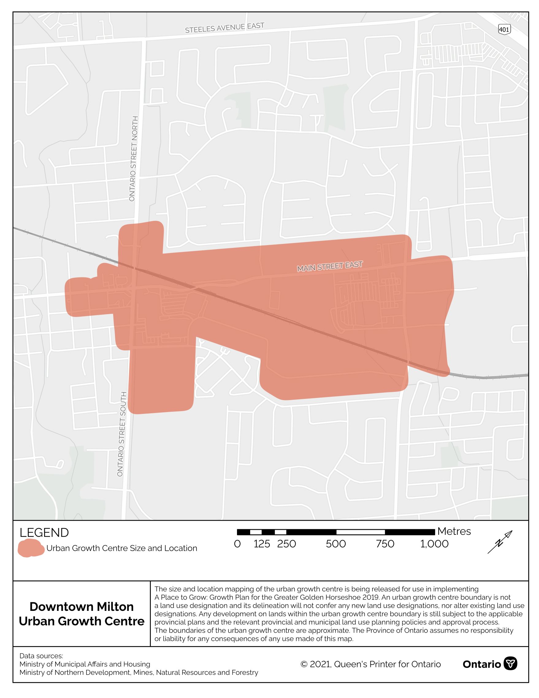 Figure 3. Map. The approximate size and location of the Downtown Milton urban growth centre in the vicinity of Ontario Street and Main Street.