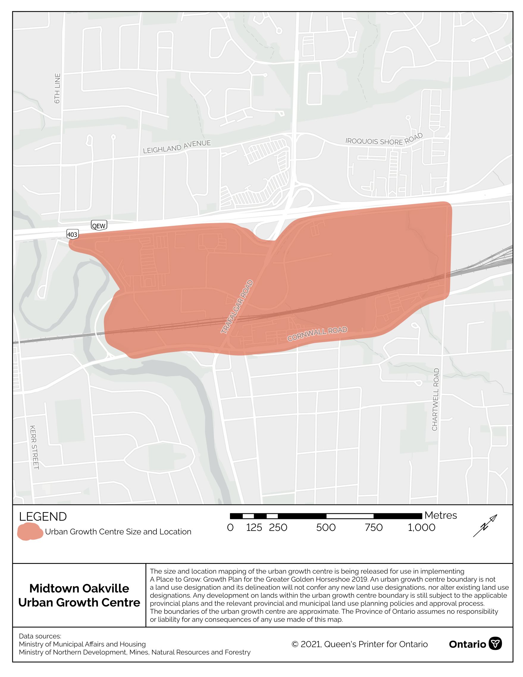Figure 4. Map. The approximate size and location of the Midtown Oakville urban growth centre in the vicinity of Trafalgar Road and Cornwall Road.