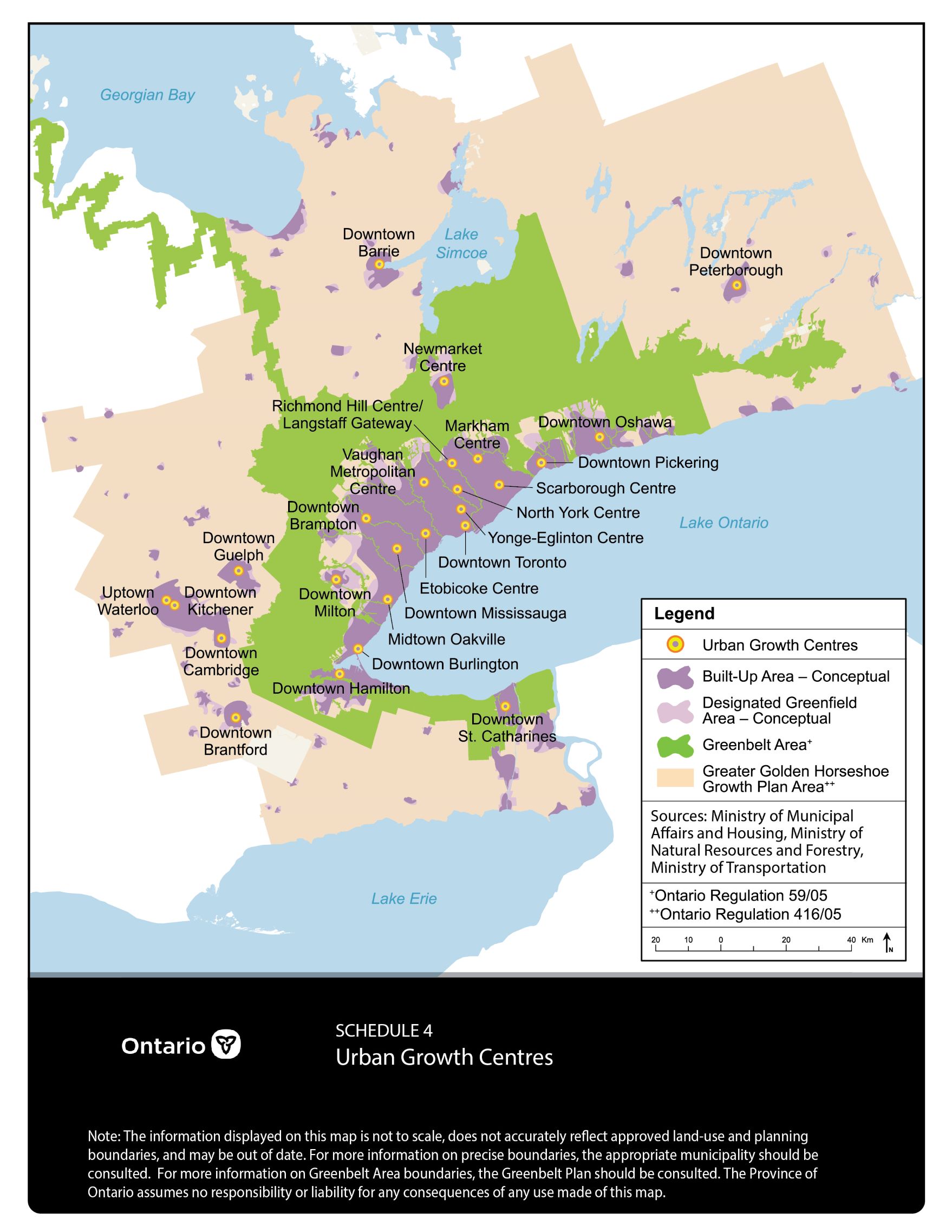 Figure 1. Map. Schedule 4 of A Place to Grow identifying the approximate location of the 25 urban growth centres in the Greater Golden Horseshoe.