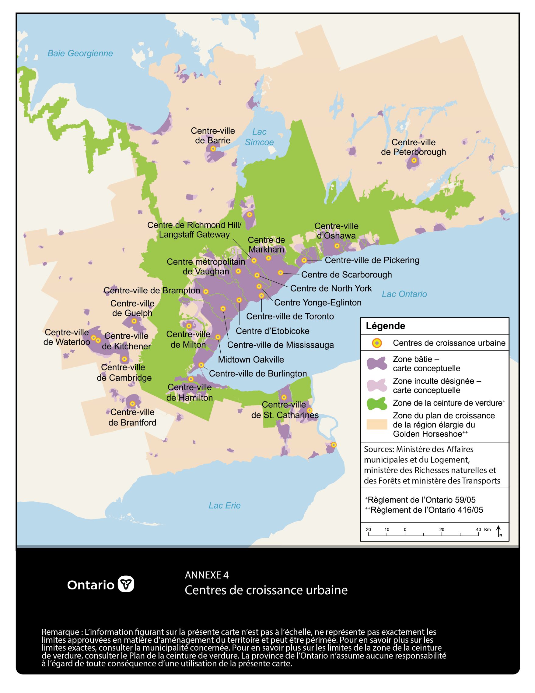 Figure 1. L’annexe 4 du plan « En plein essor » définit l’emplacement approximatif des 25 centres de croissance urbaine dans la région élargie du Golden Horseshoe.