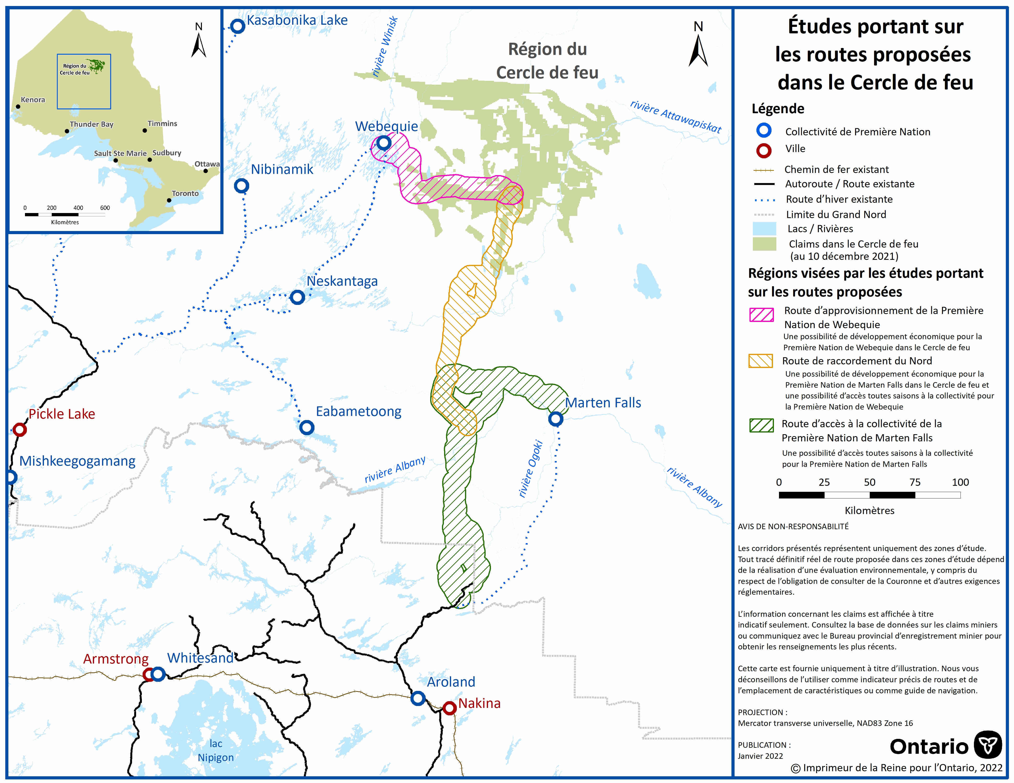 Carte montrant les trois régions du Cercle de feu visées par les études d’évaluation environnementale relatives aux routes proposées, notamment : le Projet de route d’approvisionnement de la Première Nation de Webequie (représenté par les lignes diagonales roses), le Projet de route de raccordement du Nord (représenté par les lignes diagonales jaunes) et le Projet de route d’accès à la collectivité de la Première Nation de Marten Falls (représenté par les lignes diagonales vertes).