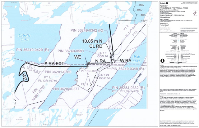 Example of a descriptive plan for Frontenac Provincial Park that shows the extents of the regulated area. 