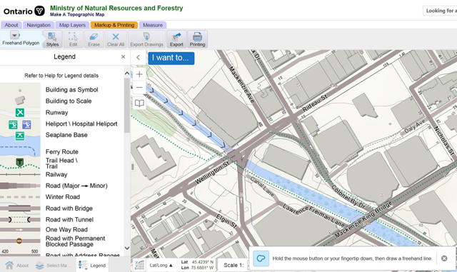 Screen capture of downtown Ottawa using Make a Toopographic Map. Map layers shown include, roads, waterway, trails, streets, road with tunnel and buildings. 