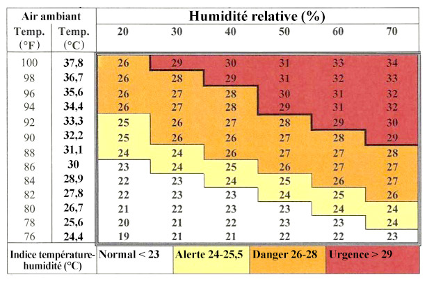 La température de l'air ambiant est indiquée sur le côté droit en Fahrenheit, de 0 en bas à 100 en haut, et en Celsius, de 24,4 en bas à 37,8 en haut