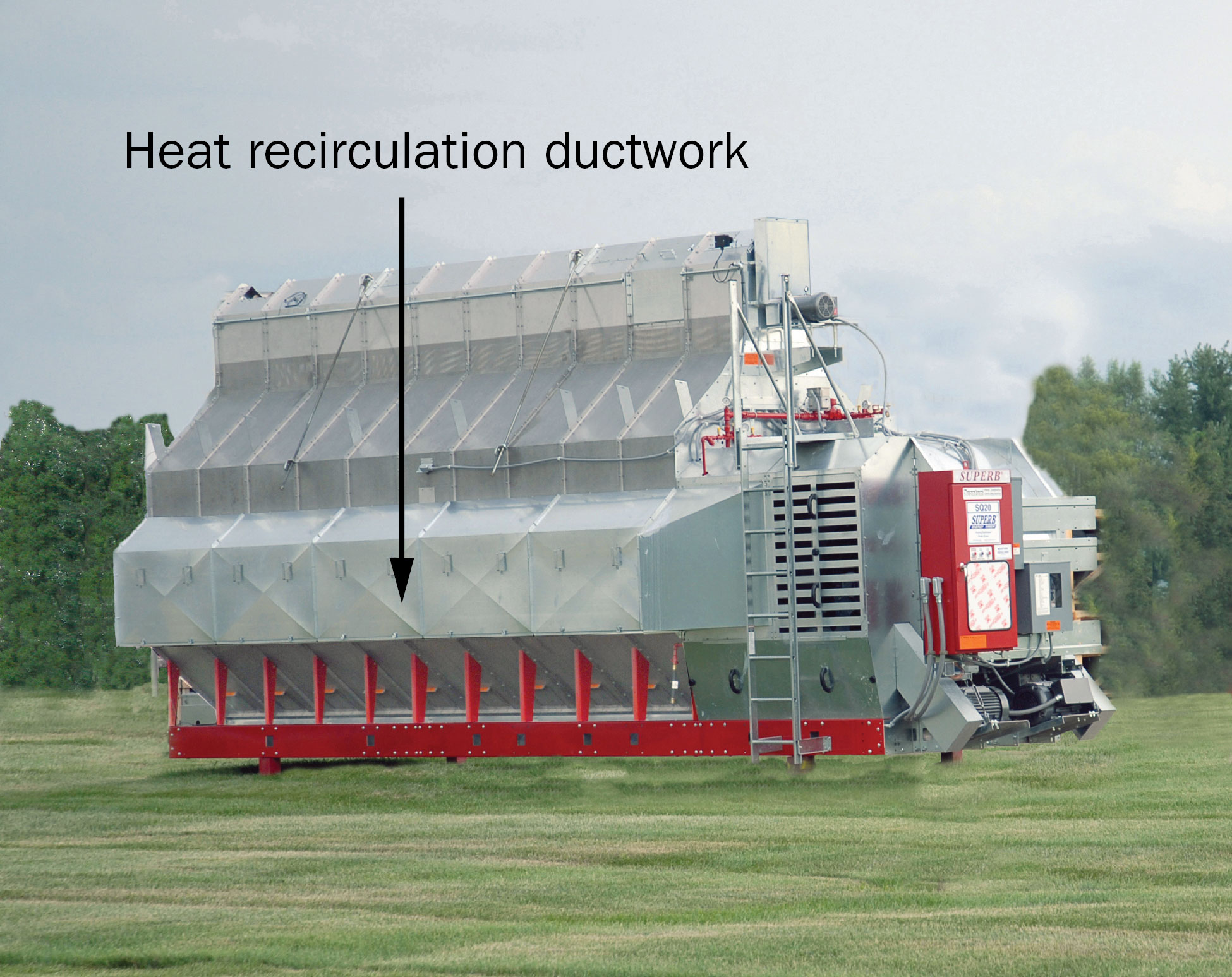 Horizontal continuous cross-flow grain dryer with factory-installed heat recirculation ductwork