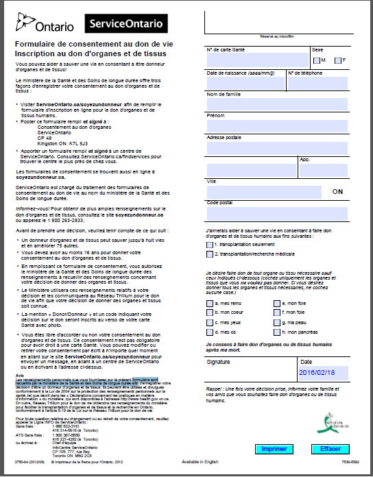 Image d’une demi-page du formulaire B d’inscription au don d’organes testé dans cet essai dans la condition 4. Le formulaire contient beaucoup moins de texte que celui précédemment utilisé par le Réseau Trillium pour le don de vie. Les seules informations demandées sur ce formulaire sont une indication du fait que la personne souhaite s’inscrire en tant que donneur pour une transplantation seulement ou pour des transplantations et recherches scientifiques et si elle souhaite faire don de tous ses organes et