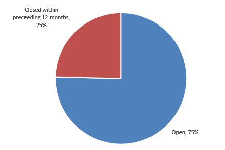 Chart 17: 75% of cases were open at the time of the death, and 25% of cases were closed at the time of the death but had been open in the 12 months preceding the death.