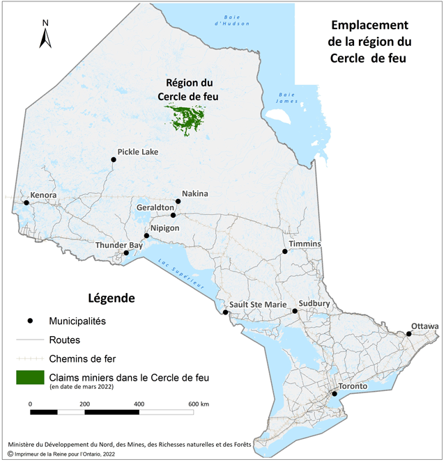 La carte montre la région du Cercle de feu en Ontario.