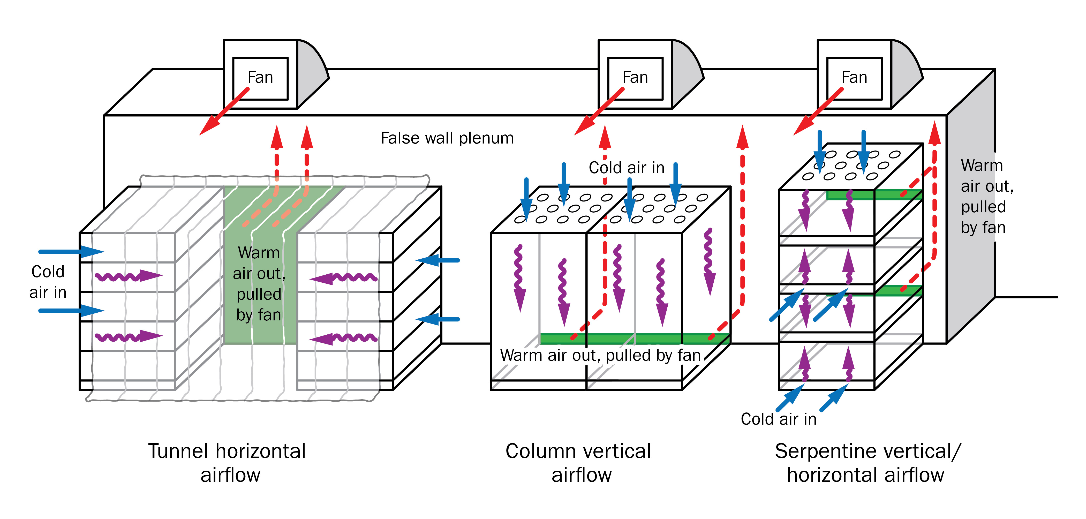 Cold, refrigerated air (blue arrows) is pulled through containers by high-capacity fans in a false wall plenum within a cold storage. These fans create a partial vacuum and pull air through strategically located openings (green shading) in the plenum. Produce cools primarily by the convective action of high-speed cold air, when it picks up field heat from warm produce (purple arrows) as it passes around the produce. The warmed air (red arrows) is then blown back into the cold storage to the evaporator coils of the refrigeration system to be re-cooled.