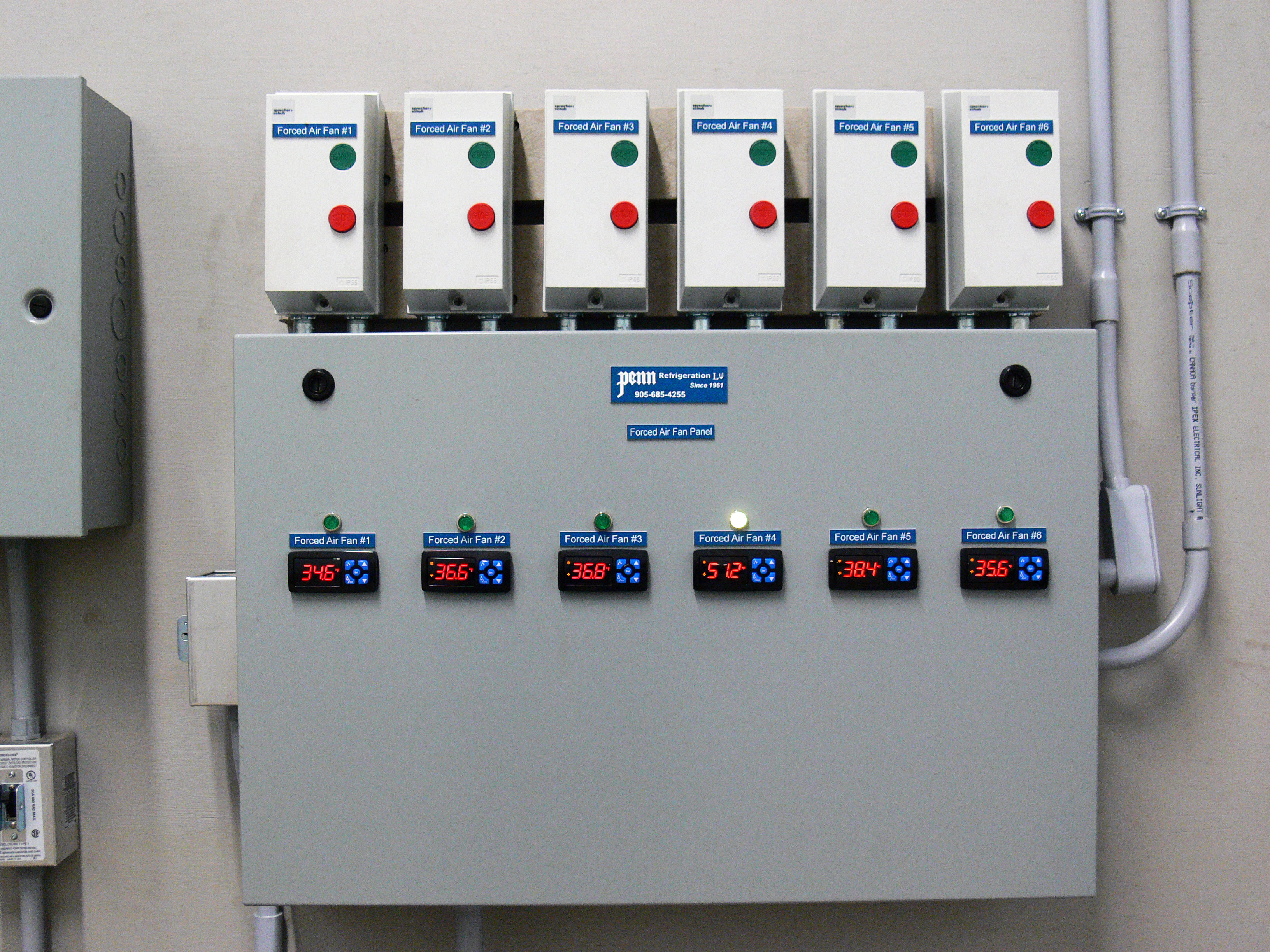 Sensors monitor “warm” air temperatures (°F) exiting the column of bins in the serpentine horizontal/vertical airflow system in Figure 4. At the time of this picture, cold air entering Forced Air Fan #4 was 35.6°F (2°C) and the internal temperatures of three individual, equally sized pears being monitored were 59°F (15°C), 67°F (19°C) and 68°F (20°C) along the cooling path, averaging 64.4°F (18°C). Fruit started at about 71.6°F (22°C), so the temperature at Fan #4 (51.2°F; 10.7°C) is about halfway between the cold air entering at 35.6°F (2°C) and the average internal temperature of cooling fruit at 64.4°F (18°C). With experience, one can make good predictions about internal fruit temperatures at any time within the bins.