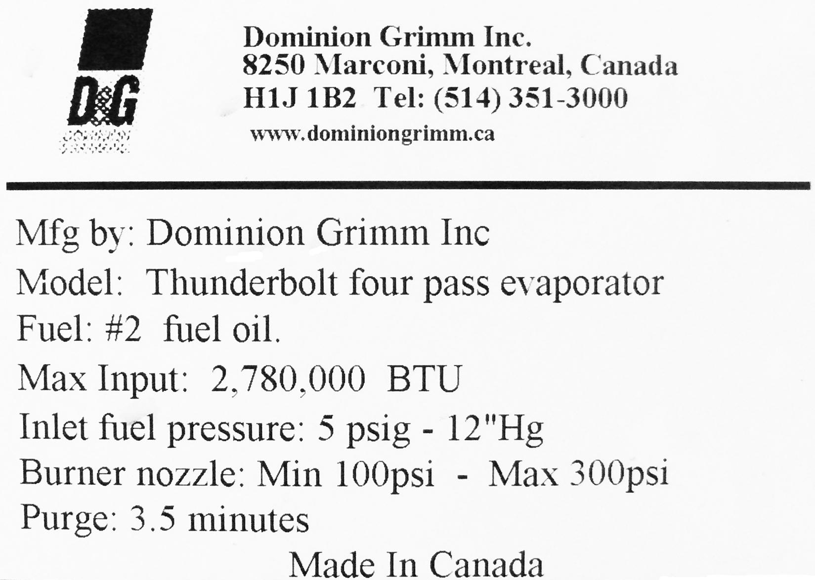 Example of appliance rating plates for oil-fired maple syrup evaporators