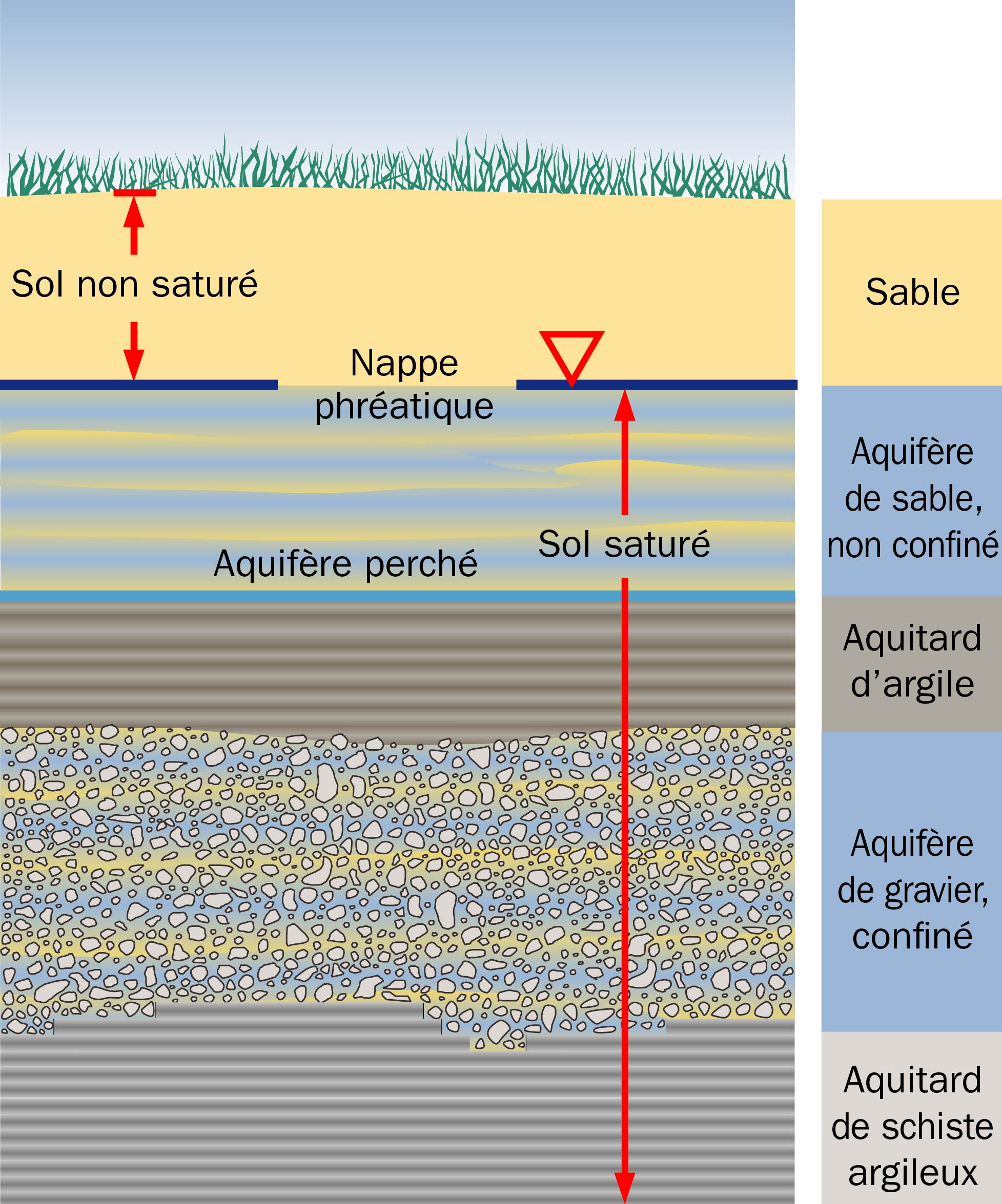 Le dessin montre les différentes couches d’un sol saturé et d’un sol non saturé que l’on retrouve au-dessus et au-dessous de la nappe phréatique