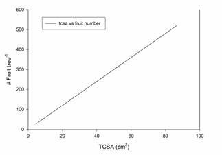Relationship between tree cross sectional area and number of fruit required per tree to maintain an 'ideal' crop load.