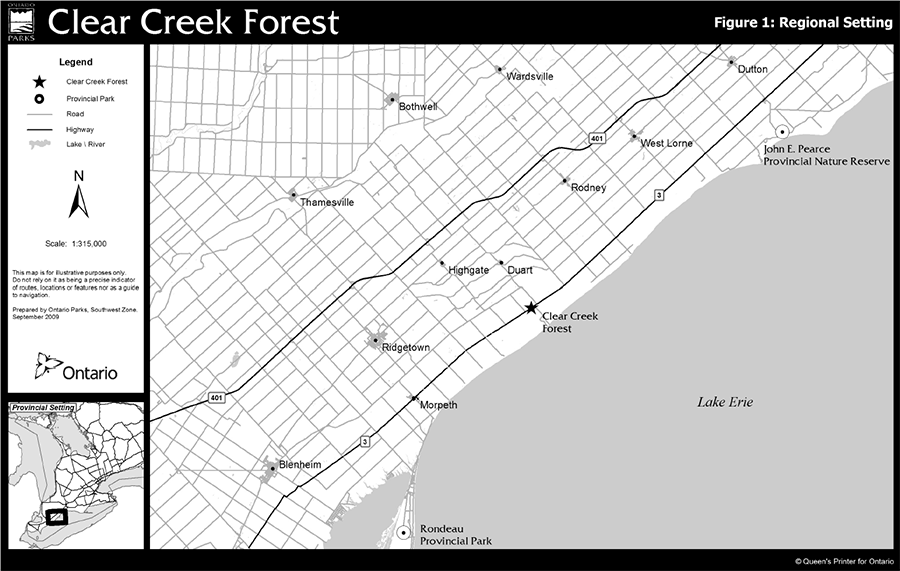 igure 1: Regional Setting is a map showing Clear Creek Forest Provincial Park in relation to surrounding provincial parks and towns. This park is located on Highway 3 between Rondeau Provincial Park and John E. Pearce Provincial Park. 