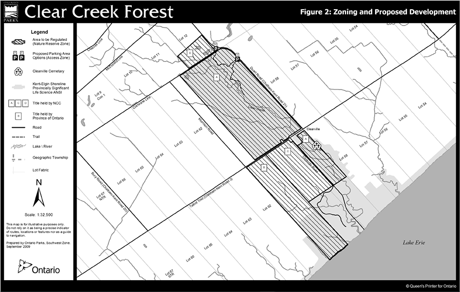 Figure 2: Zoning and Proposed Development is a map showing the park boundary, access zones and nature reserve zones, and proposed parking area options. 