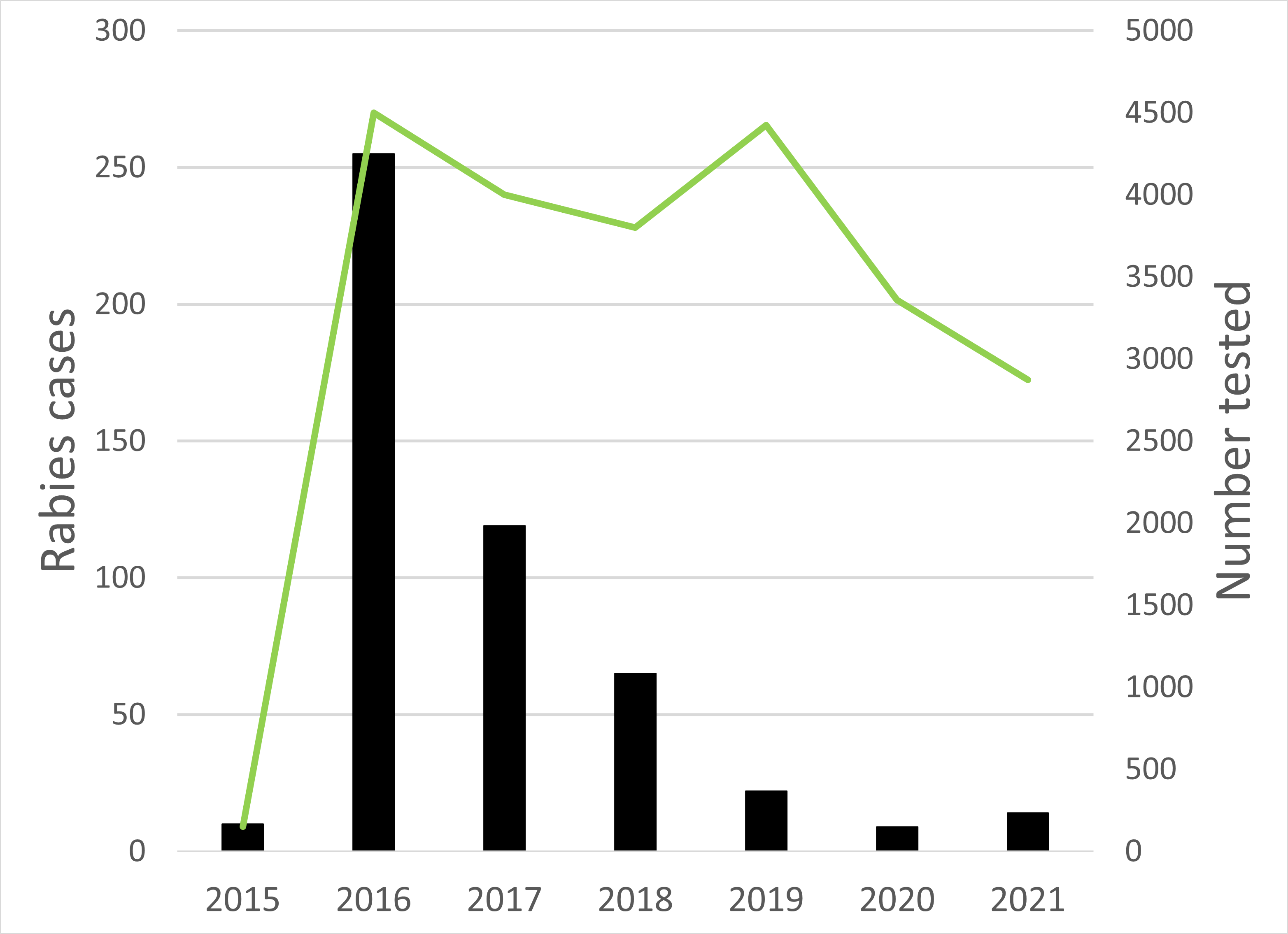 Graph of annual number of rabies cases detected and number of animals tested in Ontario from 2015-2021. The trend shows an annual decline in cases of approximately 50% each year, despite similar numbers of animals tested.