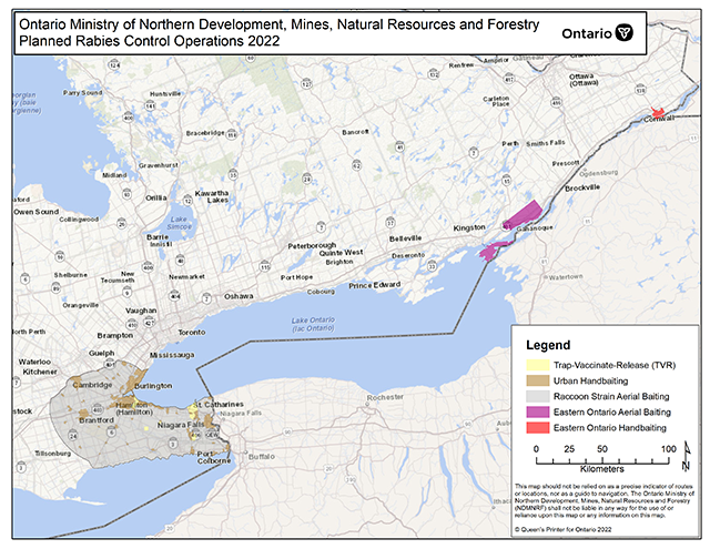 map of Ontario Ministry of Natural Resources and Forestry proposed rabies control operations 2021.